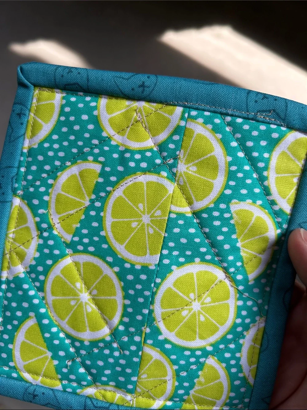 Handmade Patchwork Fabric Coasters - Teal Trim, Lime & Macaron Prints